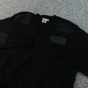 Commando Sweater Mens L Blue V Neck Pullover Knit Shoulder Elbow Patches USA Top